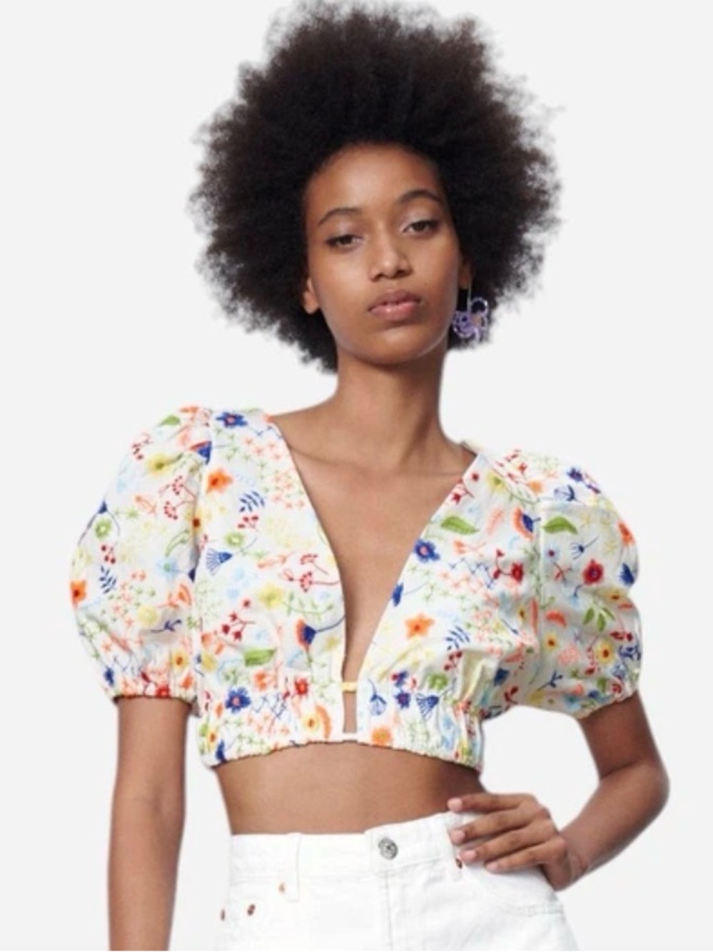 Zara Boho Embroidered Crop Top Sz M Deep V Cut Puff Sleeves